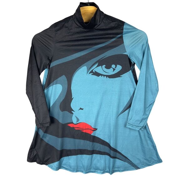 Misslook Graphic Tunic Womens M Turtleneck Long-Sleeve Face Print - Picture 2 of 10
